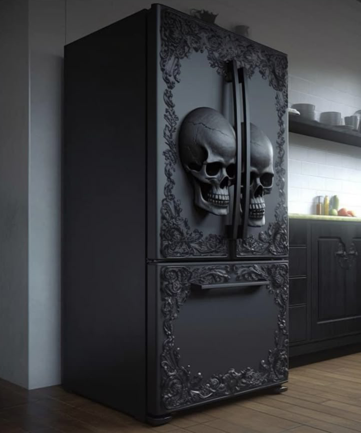 mueble negro grande con dos calaveras en las puertas